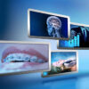 Futuristic Collage Of Screens With Dental Photos On Them Over A Blue Background
