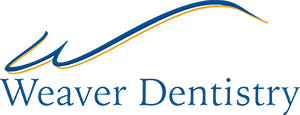 Weaver Dentistry Logo - Navy blue serif type with blue and gold swoosh above text