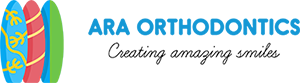 ARA Orthodontics Logo - Blue sans-serif type and black script type below with surf boards icon to left
