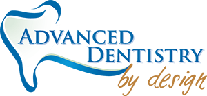 Advanced Dentistry by Design Logo - Blue serif type with burnt orange script type below and decorative tooth icon to left
