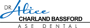 Alice Bassford DMD Logo - Black sans-serif type with blue script type on top