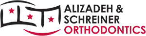 Alizadeh Schreiner Ortho Logo - Black and red sans-serif type with black and red teeth with braces