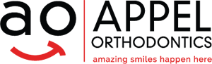 Appel Orthodontics Logo - Black and red sans-serif type with black initials and red smile to left