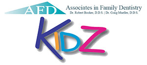 Associates in Family Dentistry Logo - Dark blue serif type with handwritten multi-color kids text below
