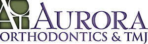 Aurora Orthodontics and TMJ Logo - Purple serif type with green square with initials inside to left