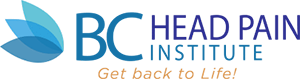 BC Head Pain Institute Logo - Blue orange and purple sans-serif type with blue leaves icon to left
