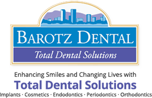 Barotz Dental Logo - White serif type on blue and violet background with gold border and city skyline above