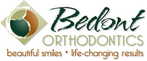 Bedont Orthodontics Logo - Dark green script type and dark orange sans-serif type with B icon to left