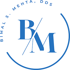 Bimal Mehta DDS Logo - Initials BM in blue serif type with blue circle outline and sans-serif text around