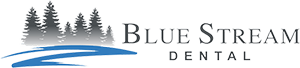 Blue Stream Dental Logo - Black serif type with blue zigzag black trees to left