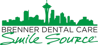 Brenner Dental Care Logo - Black sans-serif type with green script type below and city skyline on top