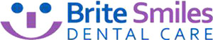 Brite Smiles Dental Care Logo - Blue and purple sans-serif type with smiling face icon to left