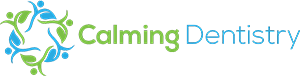 Calming Dentistry Logo - Green and blue sans-serif type with flower icon to left