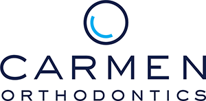 Carmen Orthodontics Logo - Dark blue sans-serif type with dark blue circle with cyan highlight inside above type