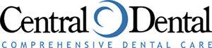 Central Dental Logo - Black serif type with blue sans-serif tagline and blue crescent C in middle