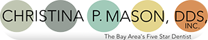 Christina P Mason DDS Logo - Black sans-serif type 5 different colored circles in the background