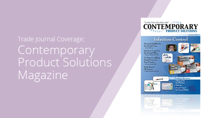 Graphic with lavender background and white sans-serif type showcasing Contemporary Product Solutions Magazine cover