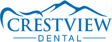 Crestview Dental Logo - Blue serif type with mountain icon on top