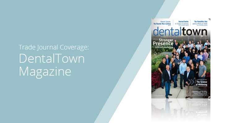 Graphic with blue background and white sans-serif type showcasing DentalTown Magazine cover