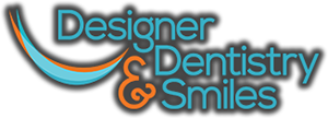 Designer Dentistry and Smiles Logo - Turquoise and orange sans-serif type with drop shadow