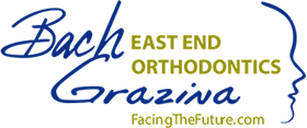 East End Ortho Logo - Olive green sans-serif type with navy blue handwritten type and face profile