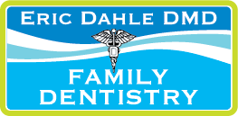 Eric Dahle DMD Family Dentistry Logo - White serif type on turquoise and blue background with green border and Caduceus in middle