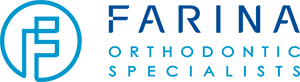 Farina Orthodontics Logo - Dark blue and bright blue sans-serif type with orthodontic icon to left