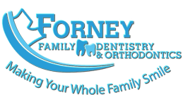 Forney Family Dentistry Logo - Bright blue serif type with tooth icon and swoosh to left