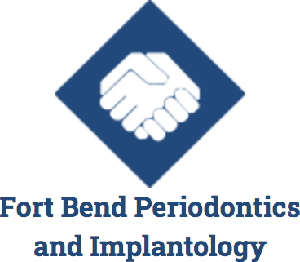 Fort Bend Periodontics and Implantology Logo - Dark blue serif type with handshake inside diamond icon above