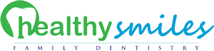 Healthy Smiles Logo - Bright green sans-serif type and blue script type with green tooth icon to left