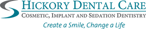 Hickory Dental Care Logo - Dark turquoise and gray serif type with crescent icons to left