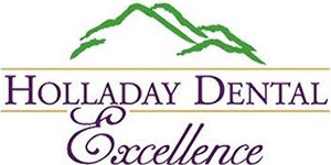 Holladay Dental Excellence Logo - Purple script type and serif type with green mountain icon on top