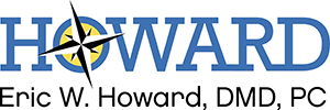 Howard Orthodontics Logo - Blue serif type with black sans-serif type and compass inside letter O