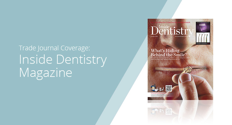 Graphic with blue background and white sans-serif type showcasing Inside Dentistry Magazine cover