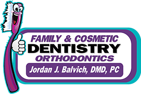 Jordan J Balvich DMD Logo - Purple and black sans-serif type with cartoon toothbrush to left