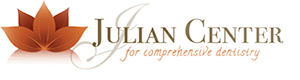 Julian Center for Comprehensive Dentistry Logo - Brown and orange serif type with lotus flower to left