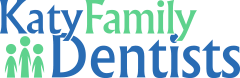 Katy Family Dentists Logo - Bright green and blue serif type with family icon in lower left
