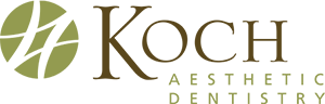 Koch Aesthetic Dentistry Logo - Green and brown serif type with stylized green circle to left