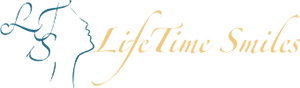 Lifetime Smiles Logo - Blue and gold script type with initials and face icon to left