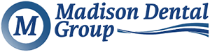 Madison Dental Group Logo - Blue serif type with initial inside circle to left