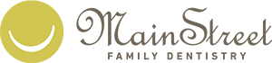 Main Street Family Dentistry Logo - Brown script type with gold smiling face icon to left
