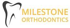 Milestone Orthodontics Logo - Gold sans-serif type with black tooth icon to left