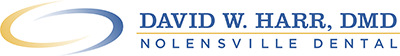 Nolensville Dental Logo - Dark blue serif and sans-serif type with gold and blue swoosh to left