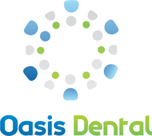 Oasis Dental Logo - Green and blue sans-serif type with circular pattern on top