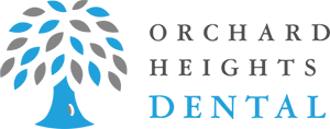 Orchard Heights Dental Logo - Dark gray and bright blue serif type with tree icon to left
