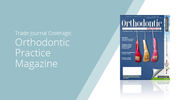 Graphic with blue background and white sans-serif type showcasing Orthodontic Practice Magazine cover