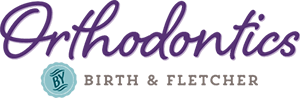 Orthodontics by Birth and Fletcher Logo - Purple script type and brown serif type