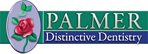 Palmer Distinctive Dentistry Logo - Gray serif type on dark green and blue background with rose illustration to left
