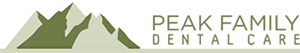 Peak Family Dental Care Logo - Dark green sans-serif type with green mountains to left