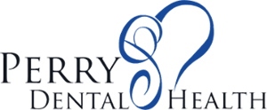 Perry Dental Health Logo - Black serif type with dark blue script initials to right